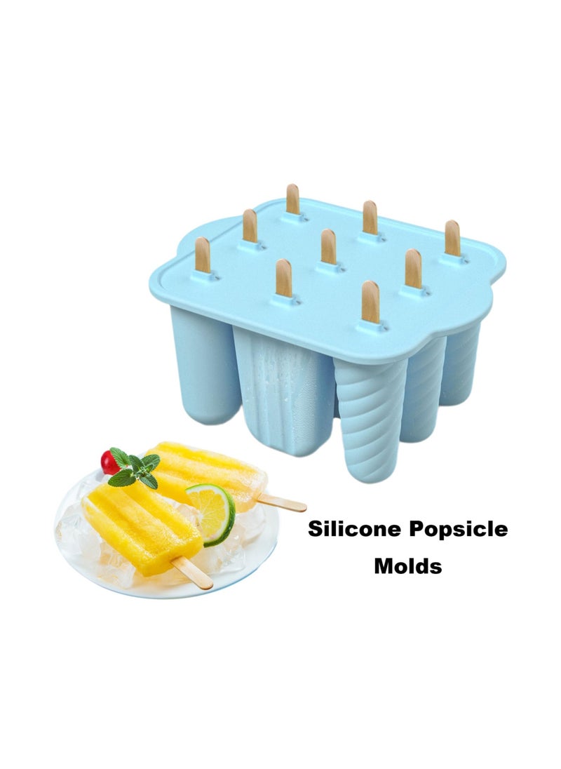 SYOSI - 9 Hollow Silicone Popsicle Molds, With Lids Reusable Easy-Release Ice Cream,  Maker Homemade Ice, Lollipop Mold for Home Flexible Leak-Free Ice, Cube Tray Juice Yogurt Fruit (Blue) - Image 1