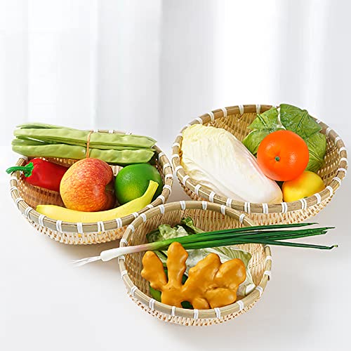 Cedilis 3 Pack Bamboo Basket Tray, Wicker Bread Basket, 100% Natural Handmade Woven Fruit Basket, U Shape Holder Flat Shallow Vegetables Serving Basket, Stackable, 10Inch, 11Inch, 12Inch - Image 3