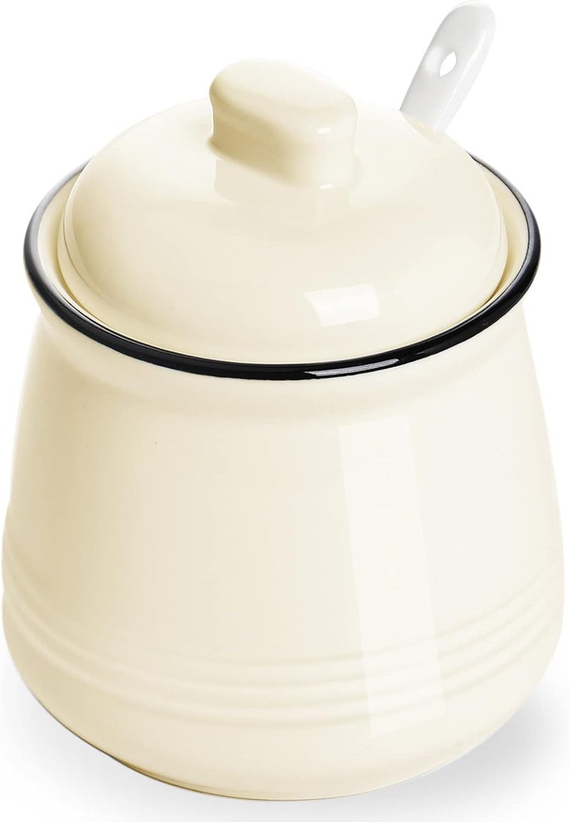 HAOTOP Porcelain Salt Bowl with Lid and SpoonCeramic Sugar Bowl 12oz Beige - Image 1