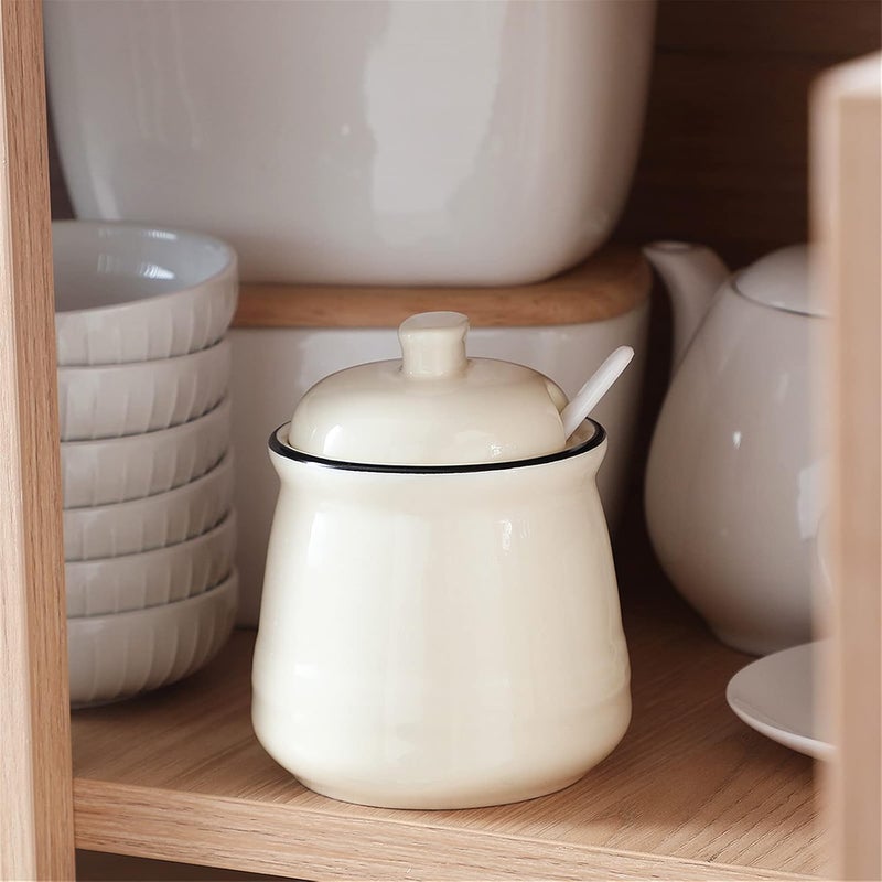 HAOTOP Porcelain Salt Bowl with Lid and SpoonCeramic Sugar Bowl 12oz Beige - Image 4
