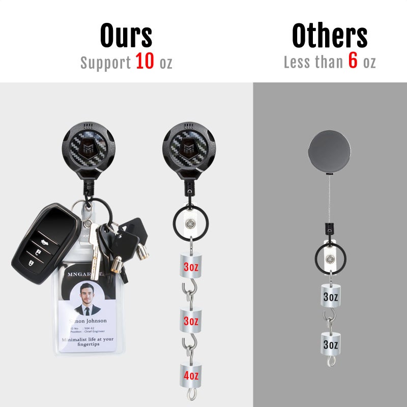 MNGARISTA Upgraded Heavy Duty Retractable Keychain with Belt Clip, 10 OZ Retraction, 31.5" Stainless Steel Cord Key Chain, 3K Carbon Fiber ID Badge Reel Holder with Badge Strap and Key Ring, 4 Pack - Image 3