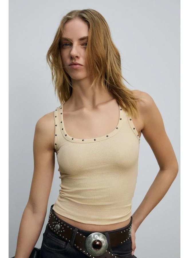 Ethiquet LILLESOL Women's Ribbed-Look Slim Fit Body-Hugging Collared Cotton Basic Beige Stone Tank Top.