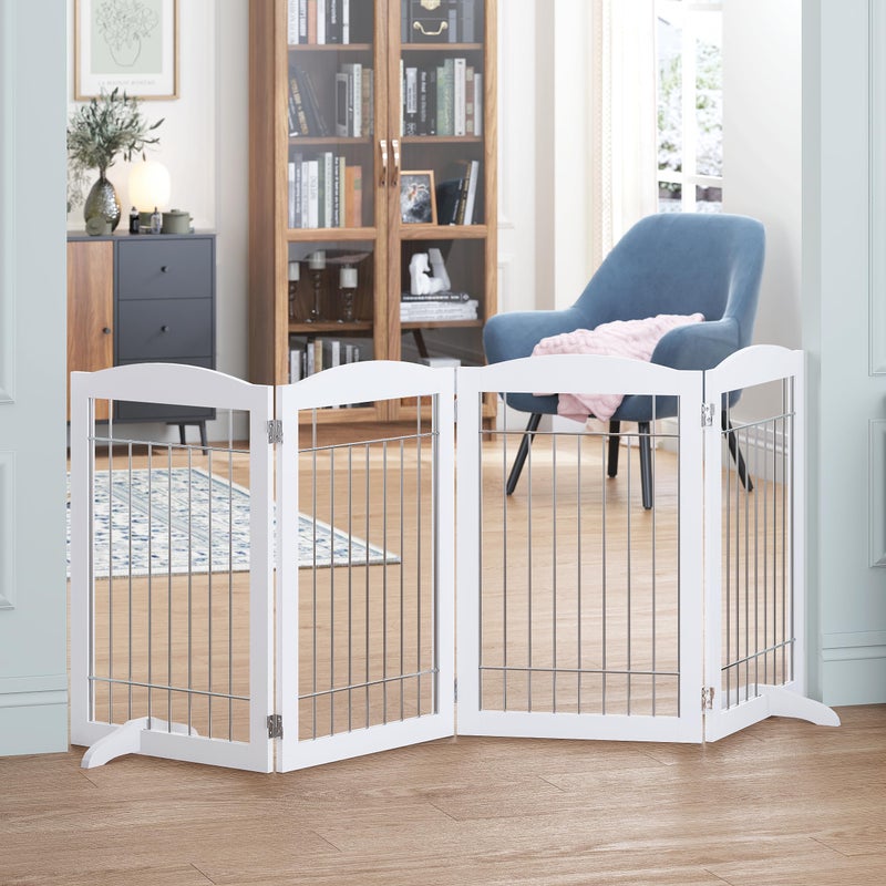 Spirich Free Standing Foldable Wire Pet Gate for Dogs 80 Inches Extra Wide 30 Inches Tall 4 Panels Dog Gate for The House Doorway Stairs Pet Puppy Safety Fence Sliver White