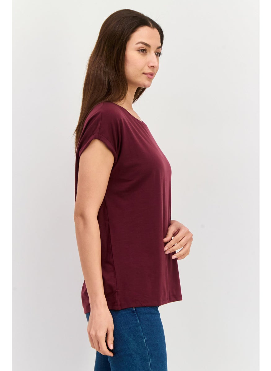 Aware By Vero Moda - Women Round Neck Short Sleeve Plain Top, Maroon - Image 1