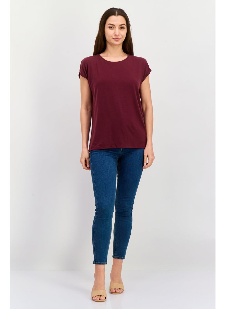 Aware By Vero Moda - Women Round Neck Short Sleeve Plain Top, Maroon - Image 1