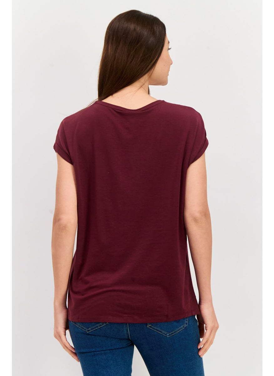 Aware By Vero Moda - Women Round Neck Short Sleeve Plain Top, Maroon - Image 1