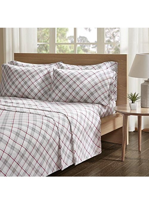 Comfort Spaces Comfort Spaces Cotton Flannel Breathable Warm Deep Pocket Sheets with Pillow Case Bedding  King  Grey/Red Plaid 4 Piece  - Image 2