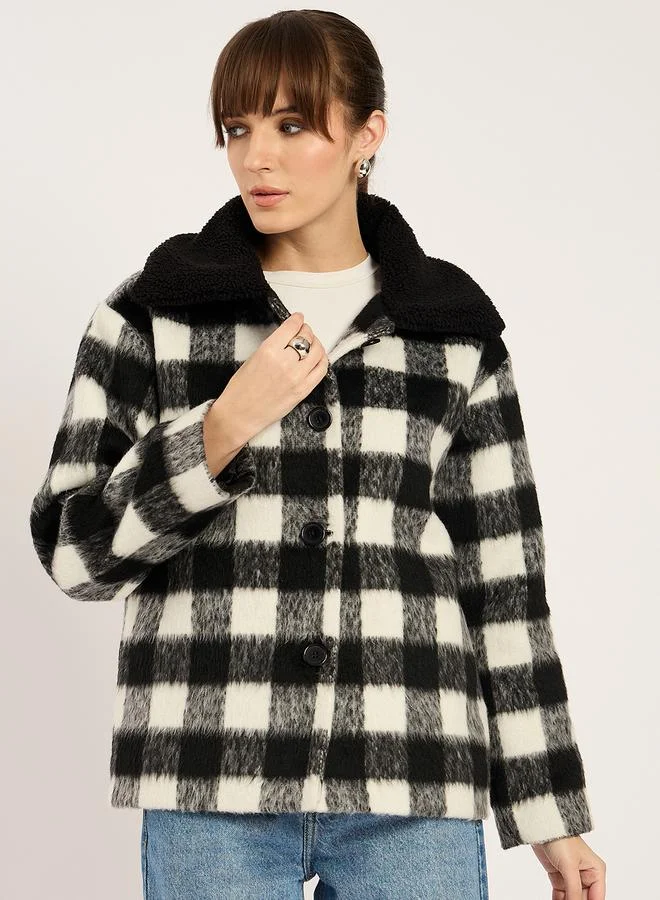 Femmella Checkered Faux Fur Collar Jacket
