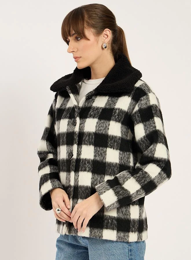 Femmella Checkered Faux Fur Collar Jacket