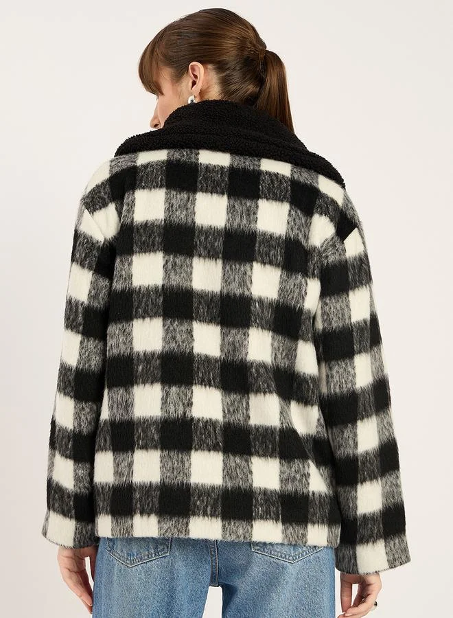 Femmella Checkered Faux Fur Collar Jacket