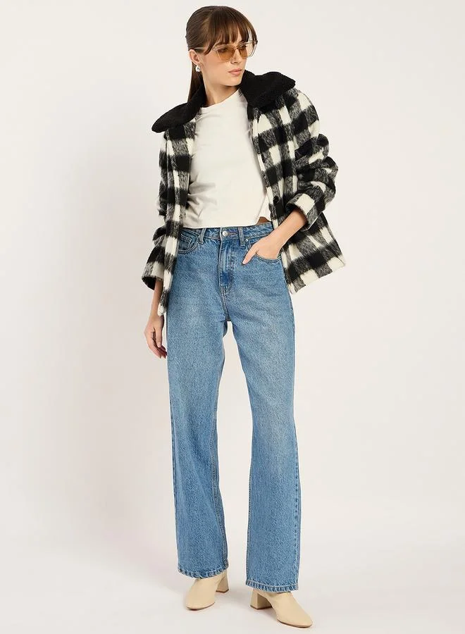 فيميلا جاكيت طويل بنقشة مربعات بياقة فرو صناعي