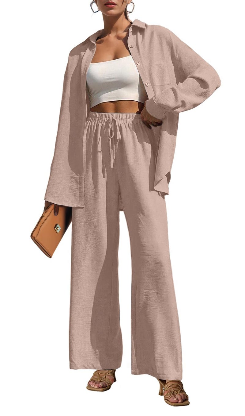 Lepunuo 2 Piece Outfits for Women Casual Lounge Sets Long Sleeve Button Down Shirts and Wide Leg Pants Sets Tracksuit - Image 1