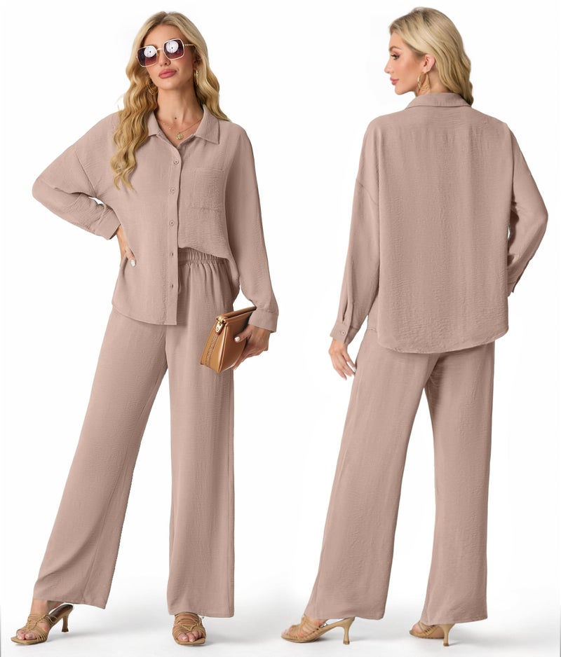 Lepunuo 2 Piece Outfits for Women Casual Lounge Sets Long Sleeve Button Down Shirts and Wide Leg Pants Sets Tracksuit - Image 5