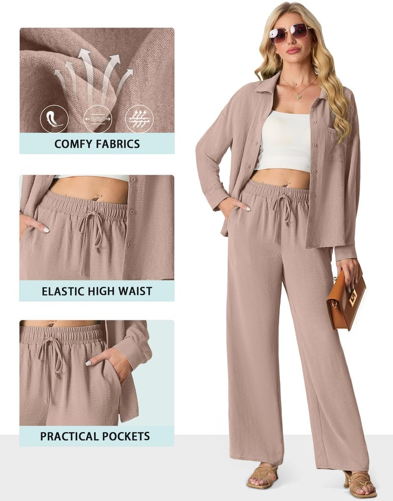 Lepunuo 2 Piece Outfits for Women Casual Lounge Sets Long Sleeve Button Down Shirts and Wide Leg Pants Sets Tracksuit - Image 2