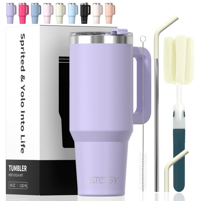 WATERSY 40 oz Tumbler with Handle,Tumbler with Lid and Straw,Double Wall Insulated Cup Stainless Steel Travel Mug(Cold for 34 Hours),Water Bottle for Iced Tea,Coffee,Cold Beverages(Purple) - Image 1