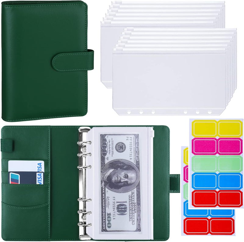 Antner A6 Budget Binder with Zipper Cash Envelopes for Money Organizer & Budgeting, PU Budget Planner Money Saving Binder with Cash Stuffing Envelopes & Labels for Home Office Travel, Dark Green - Image 1