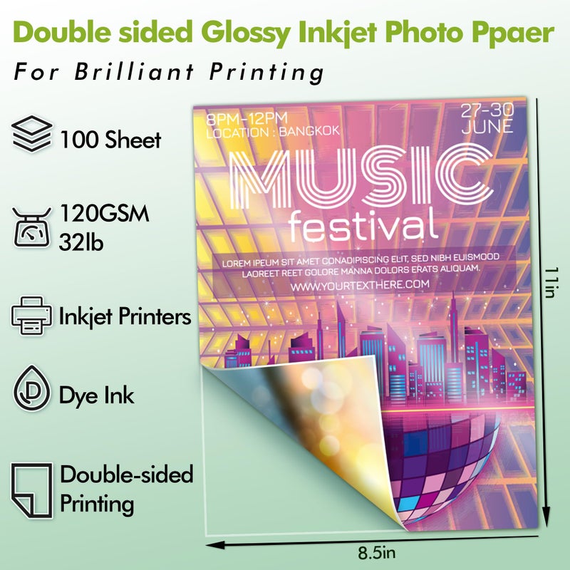KOALA PAPER ورق صور لامع رقيق مزدوج الجوانب من كوالا 8.5x11 بوصة 120gsm 100 ورقة متوافق مع طابعة نفث الحبر وحبر الصبغة 32LB - Image 2