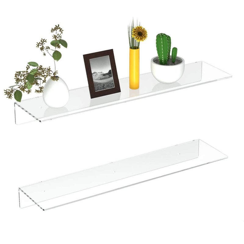 FEMELI 2 PCS 24 Acrylic Floating Shelves Clear Shelf for Display Plant Perfume Book in Bedroom Living Room Office 5mm Thick WallMounted Acrylic Shelves for Wall