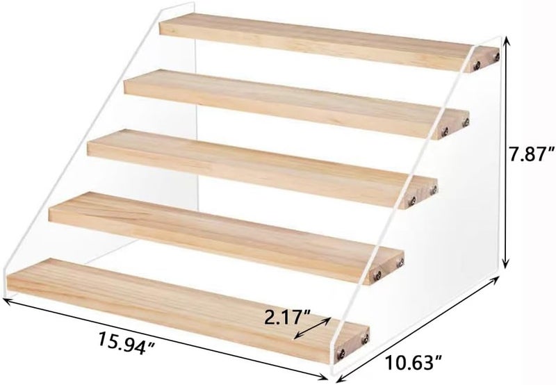 BeiHCain 5 Tier Acrylic Wooden Display Stand, Clear Acrylic Display Riser Shelf Wood Tiered Display Shelf Rack Step Ladder Riser Stands for Cupcakes Perfumes Figures Collectibles - Image 2