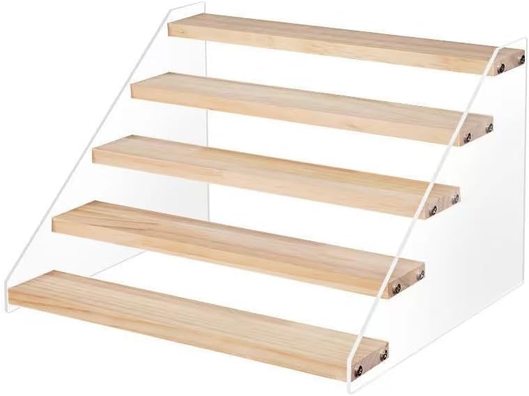 BeiHCain 5 Tier Acrylic Wooden Display Stand, Clear Acrylic Display Riser Shelf Wood Tiered Display Shelf Rack Step Ladder Riser Stands for Cupcakes Perfumes Figures Collectibles - Image 1
