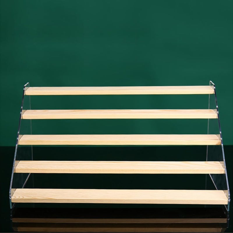 BeiHCain 5 Tier Acrylic Wooden Display Stand, Clear Acrylic Display Riser Shelf Wood Tiered Display Shelf Rack Step Ladder Riser Stands for Cupcakes Perfumes Figures Collectibles - Image 5