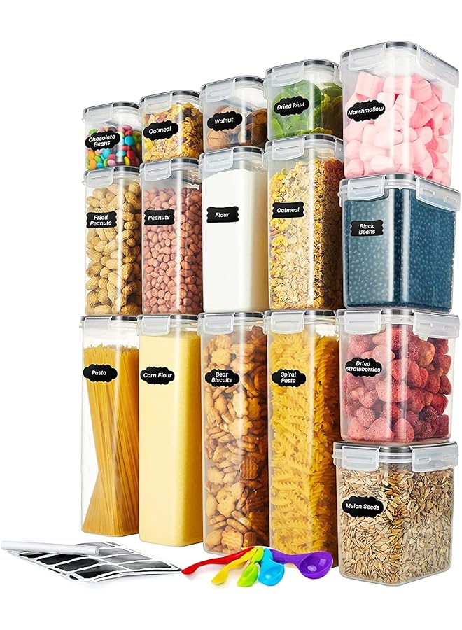 X spring Airtight Food Storage Container Set, 16 Pcs Clear Food Storage Container With Lid, Cereal And Snack Containers With Lables And Small Spoon For Kitchen Pantry Organization And Storage - Image 1
