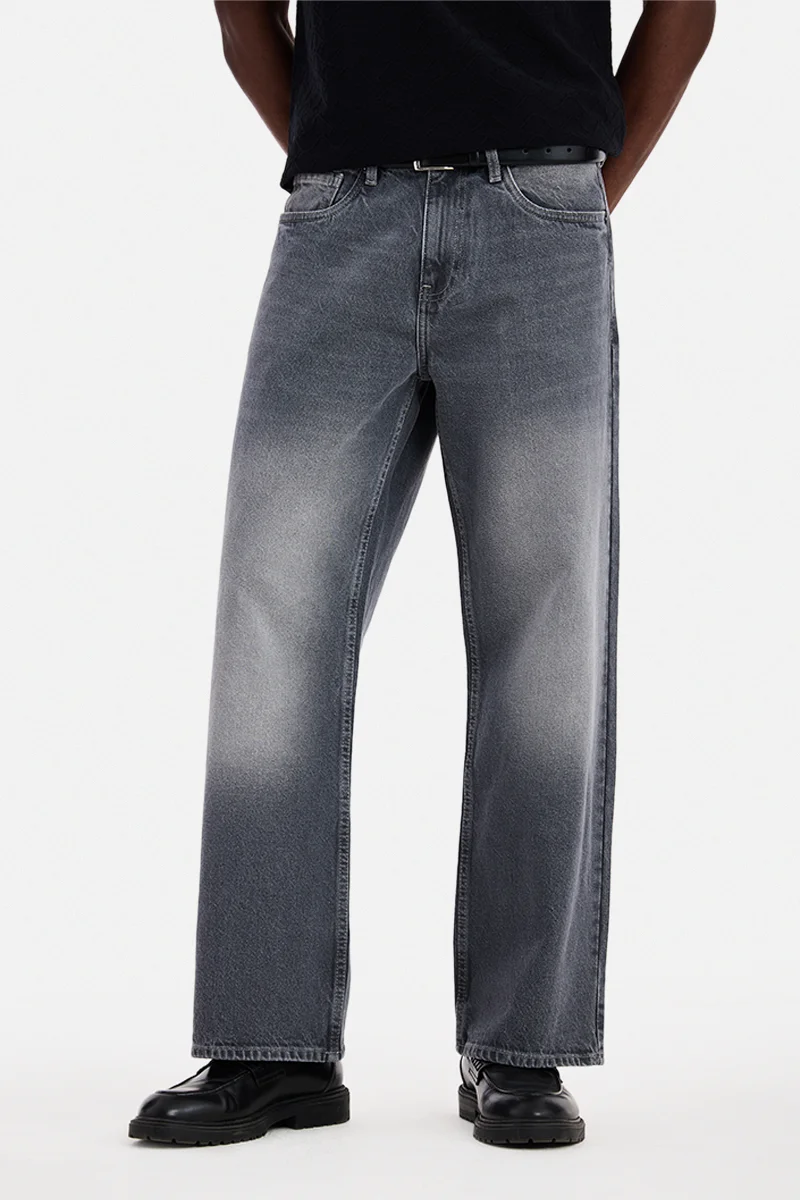 سنيتش Grey Solid Loose Fit Streetwear Jeans