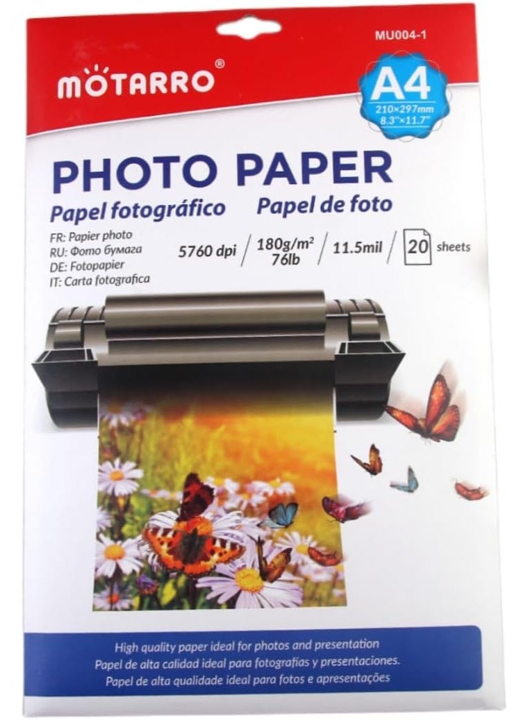 MOTARRO 20 Sheets High Color Density Photo Paper Picture Printer 8.3'' x 76lbs 11.5Mil 180G(MU004-1) - Image 1