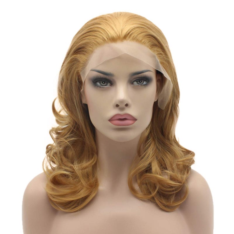 Lushy Lushy Stylish Medium Length 16inch Honey Blonde Wig Heat Friendly Heavy Density Synthetic Lace Front Wig 