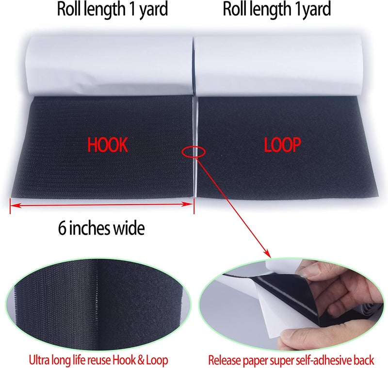 HUAYY 6 Inches Width 1 Yards Length | self-Adhesive Hook and Loop Style Sheets | Super Sticky Glue Nylon Patch | Strips | Patch | Fastener,Black (6in x 1yd) - Image 2