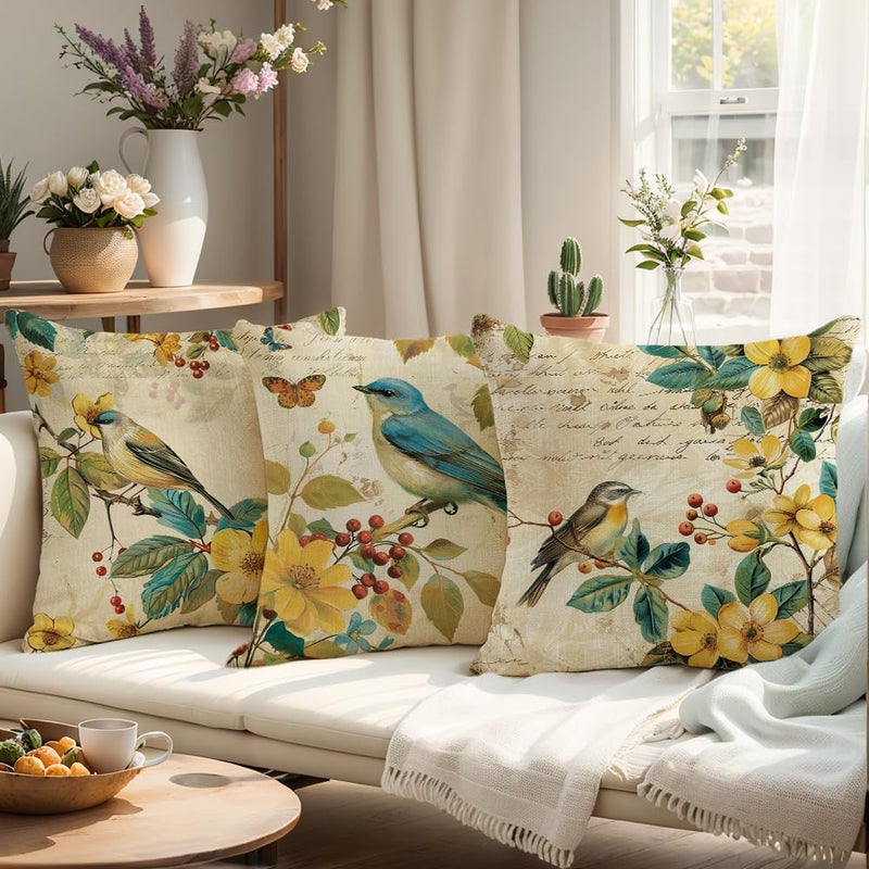 wyooxoo Spring Pillow Covers 18x18 Set of 4 Summer Farmhouse Throw Pillow Covers Floral Bird Decorative Cushion Cases for Sofa Couch Outdoor Bedroom - Image 3