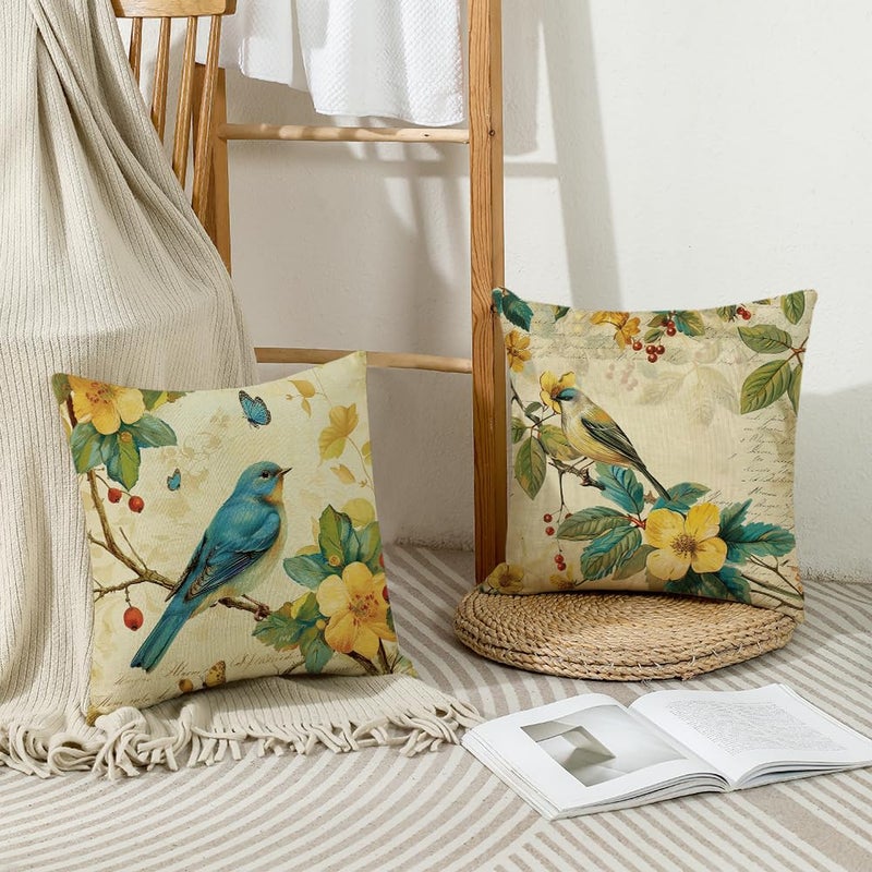 wyooxoo Spring Pillow Covers 18x18 Set of 4 Summer Farmhouse Throw Pillow Covers Floral Bird Decorative Cushion Cases for Sofa Couch Outdoor Bedroom - Image 4