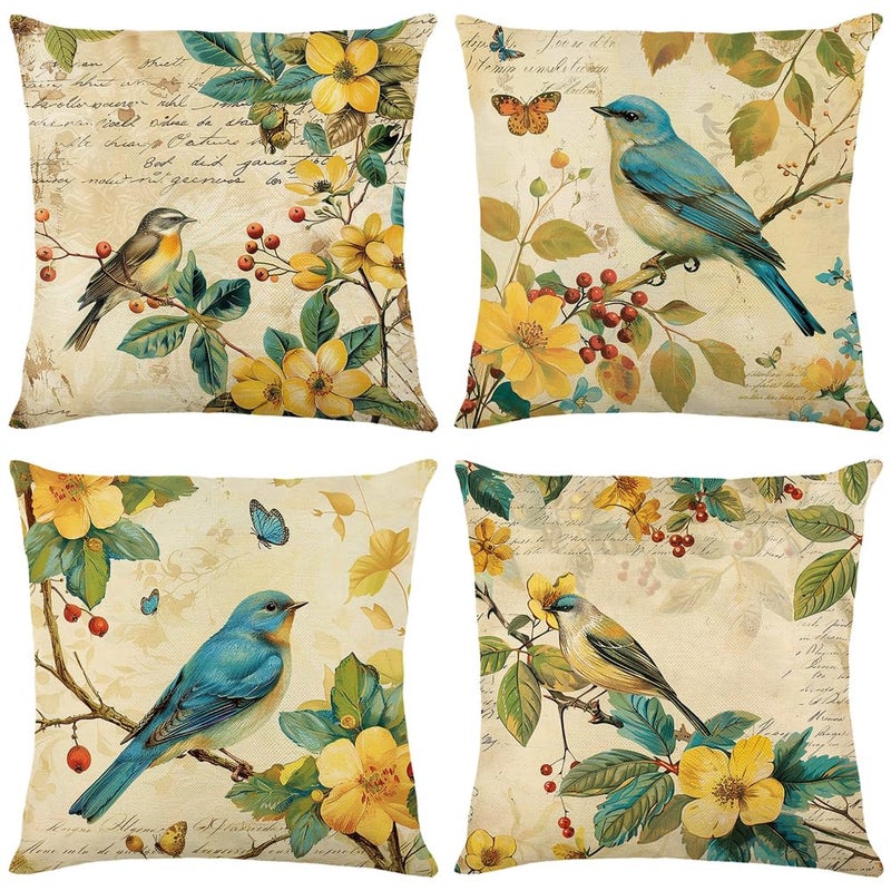 wyooxoo Spring Pillow Covers 18x18 Set of 4 Summer Farmhouse Throw Pillow Covers Floral Bird Decorative Cushion Cases for Sofa Couch Outdoor Bedroom - Image 1