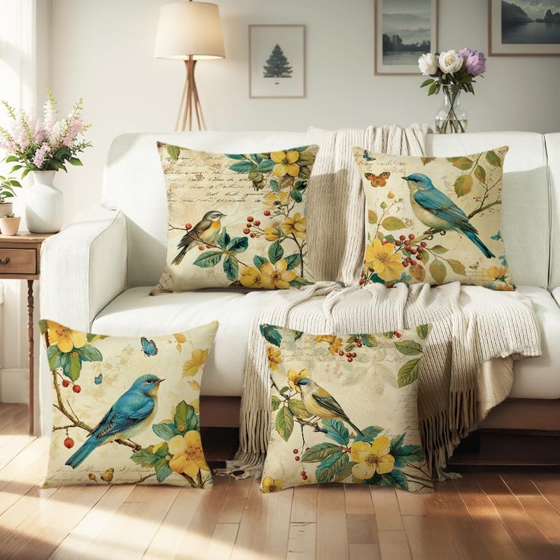 wyooxoo Spring Pillow Covers 18x18 Set of 4 Summer Farmhouse Throw Pillow Covers Floral Bird Decorative Cushion Cases for Sofa Couch Outdoor Bedroom - Image 2