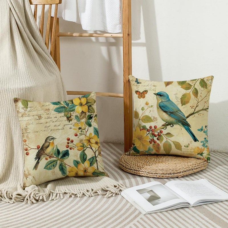 wyooxoo Spring Pillow Covers 18x18 Set of 4 Summer Farmhouse Throw Pillow Covers Floral Bird Decorative Cushion Cases for Sofa Couch Outdoor Bedroom - Image 5