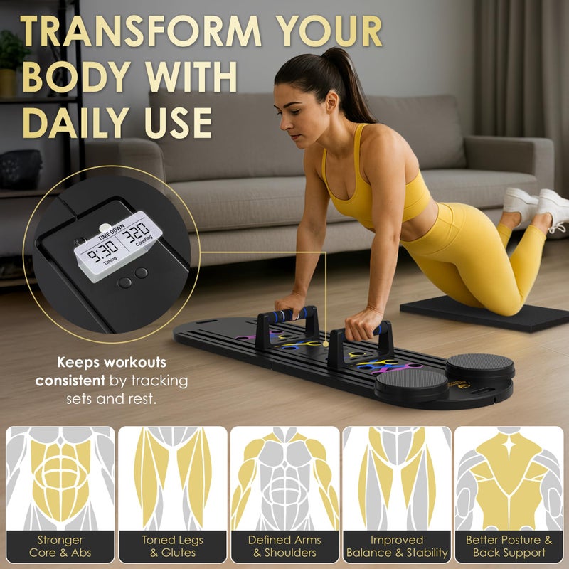 Celnasya Vitality لوحة بيلاتيس ريفورمر، مجموعة لوحة بيلاتيس قابلة للطي 7 في 1 مع مؤقت، تمارين منزلية موجهة مع أحزمة مقاومة وكرة - آلة بيلاتيس ريفورمر لتمارين البطن في المنزل، معدات انزلاق للياقة البدنية - Image 3