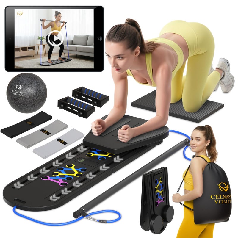 Celnasya Vitality لوحة بيلاتيس ريفورمر، مجموعة لوحة بيلاتيس قابلة للطي 7 في 1 مع مؤقت، تمارين منزلية موجهة مع أحزمة مقاومة وكرة - آلة بيلاتيس ريفورمر لتمارين البطن في المنزل، معدات انزلاق للياقة البدنية - Image 1