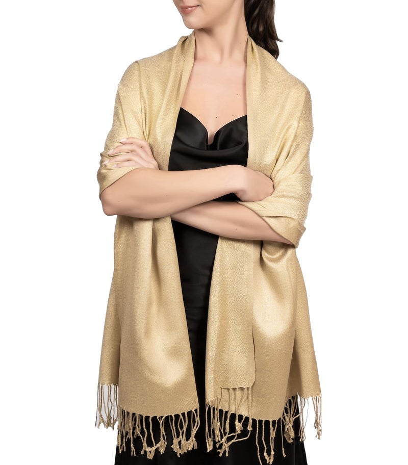 Achillea Sparkling Metallic Evening Shawl Wrap Scarf for Wedding Prom Party Dress 80" x 27" (Gold) - Image 2