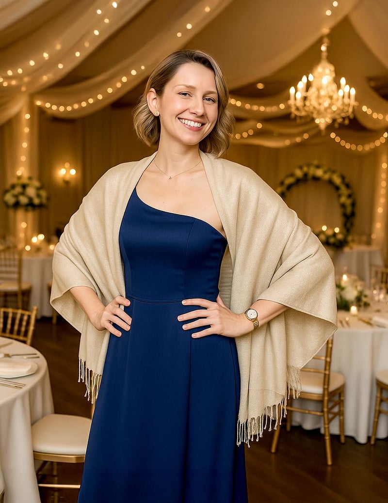 Achillea Sparkling Metallic Evening Shawl Wrap Scarf for Wedding Prom Party Dress 80" x 27" (Gold) - Image 3