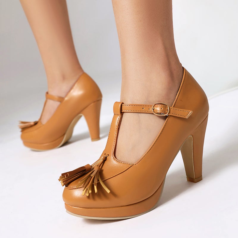 Independent Station Supply 2025 Spring High-Heeled Thick-Soled 40-48 Large Size Tassel T-Shaped Buckle Strap Shallow Mouth Women'S Shoes - Image 2