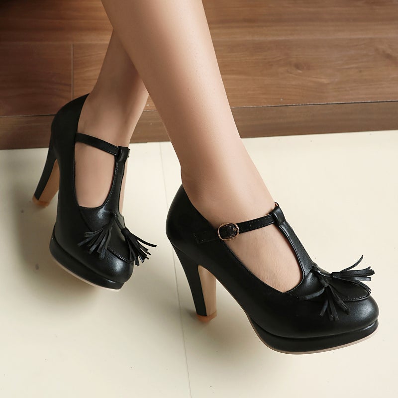 Independent Station Supply 2025 Spring High-Heeled Thick-Soled 40-48 Large Size Tassel T-Shaped Buckle Strap Shallow Mouth Women'S Shoes - Image 4