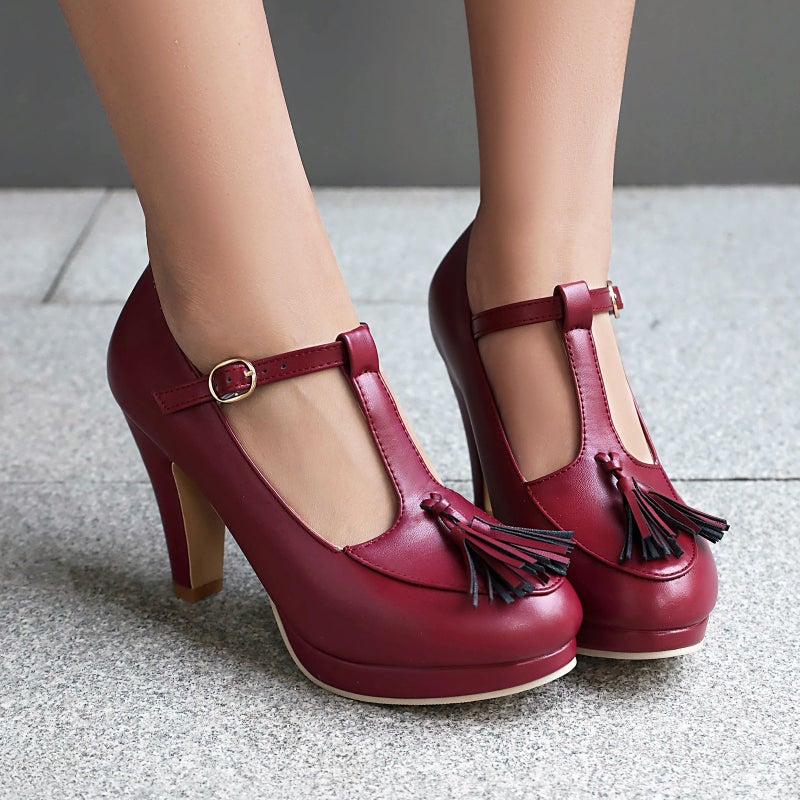 Independent Station Supply 2025 Spring High-Heeled Thick-Soled 40-48 Large Size Tassel T-Shaped Buckle Strap Shallow Mouth Women'S Shoes - Image 3
