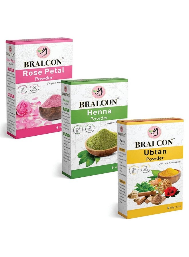 BRALCON براكالون مسحوق بتلات الورد العضوي، مسحوق الحناء، مجموعة مسحوق الأبتان - 300 جرام (100 جرام × 3 عبوة) | مسحوق الورد، مسحوق الأبتان للعروس، قناع الوجه، تبييض البشرة | بشرة متألقة | مسحوق الحناء لنمو الشعر - Image 1
