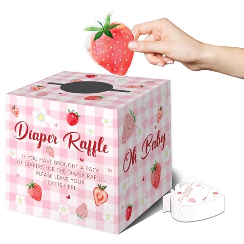 Fisahat Berry Sweet Baby Shower Decorations 50PCs Pink Strawberry Diaper Raffle Tickets with Box A Berry Sweet Baby is on the Way DecorationsStrawberry Baby Shower Diaper Raffle Box - Image 1