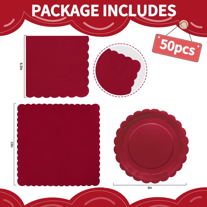 VEIZEDD 100pcs Red Paper Plates Napkins - Red Disposable Party Tableware Set for Birthdays Bridal Shower Baby Shower Valentine's Day (Serves 50) - Image 2