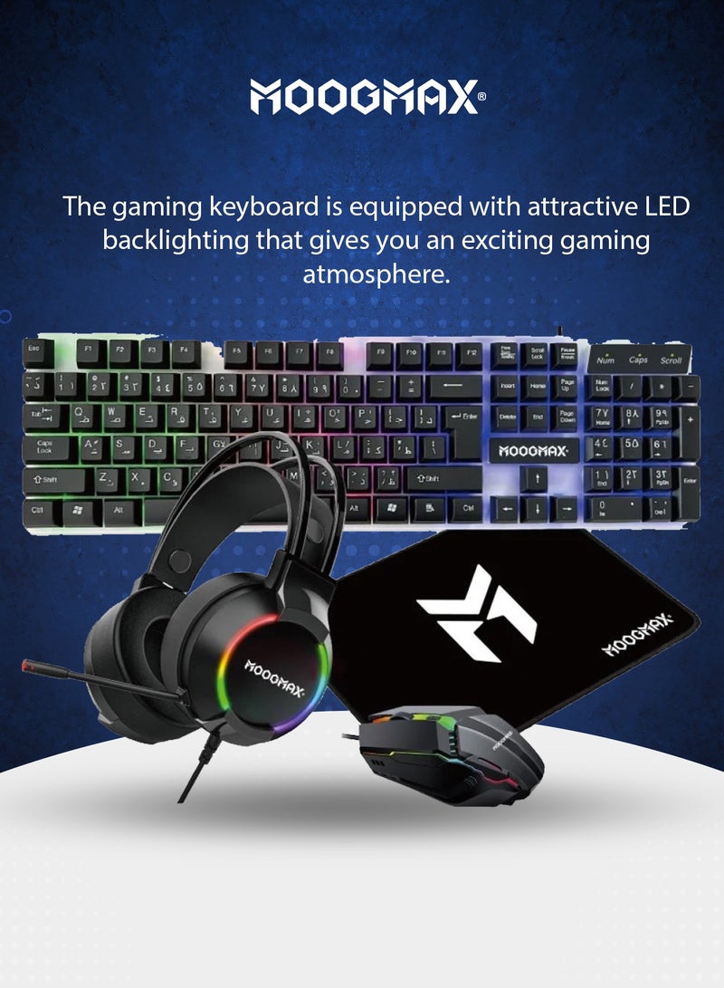 MOOGMAX Gaming Kit 4-in-1 with Illuminated Keyboard, Adjustable DPI Mouse, Wired Surround Sound Headset, and Durable Mouse Pad Black for PC Gaming Home Use - Image 2