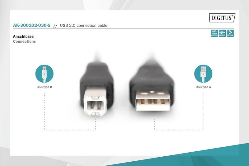 DIGITUS AK-300102-030-S 3m Length USB 2.0 A Male - B Male Connection Cable - Black - Image 2