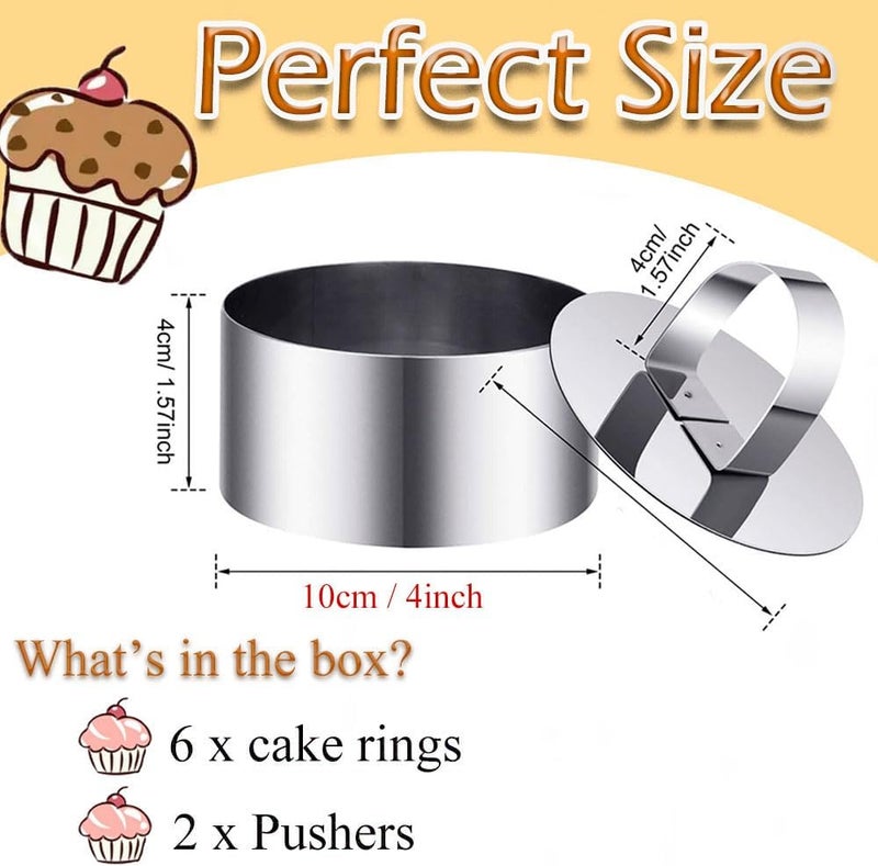 DATANYA Cake Ring Molds 4 Inch Stainless Steel Round Food Ring Dessert Mousse Molds Cooking Rings with Pushers for Pastry Baking (6 Rings and 2 Pushers) - Image 2