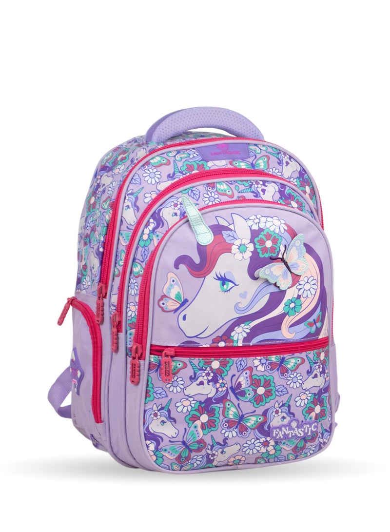 Fantastic QY001 Kids School Backpack, Unicorn and Butterfly Design, 3 Compartments, 25L, Waterproof, Purple, 40×30×15cm - Image 1