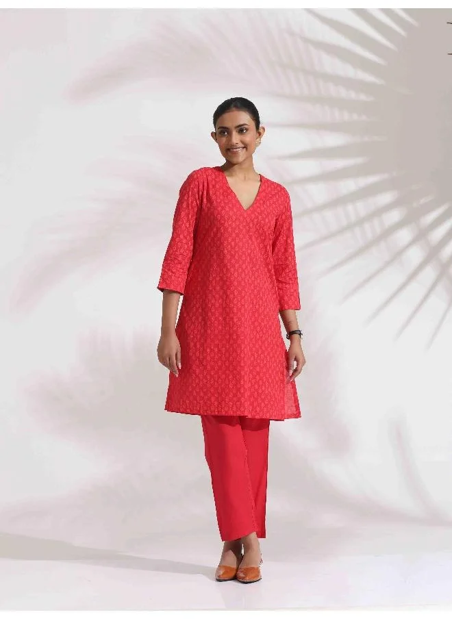 ترو برونز trueBrowns Red Cotton Print Kurta Co-ord Set